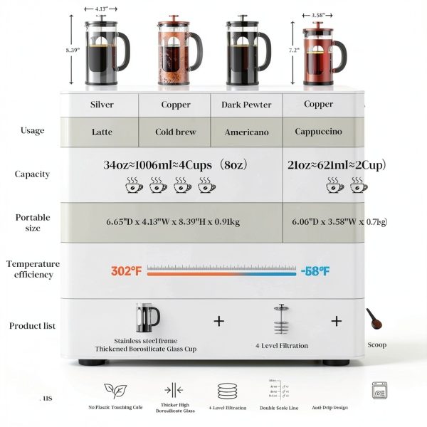 Veken French Press Coffee Maker Borosilicate Glass Stainless-3