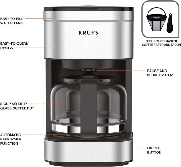 KRUPS Filter Coffee Maker Compact Stainless Steel 5-Cup-5