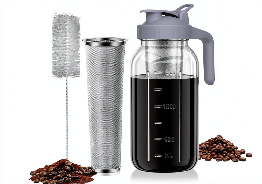 JunVpic glass pitcher filled with cold brew coffee on a kitchen counter